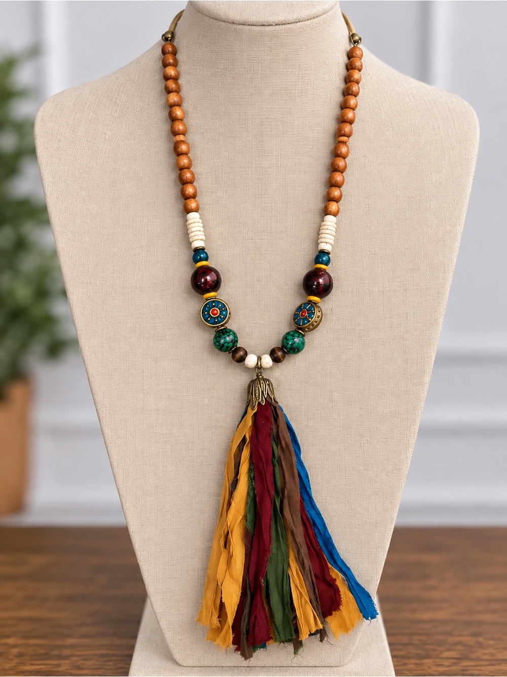 Boho Multicolor Beaded Wood Tassel Statement Necklace
